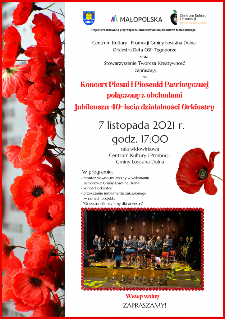 Plakat zapraszający na koncert połączony z jubileuszem Orkiestry OSP Tęgoborze w dniu 7 listopada 2021 r. o godz. 17:00 w Centrum Kultury w Łososinie Dolnej