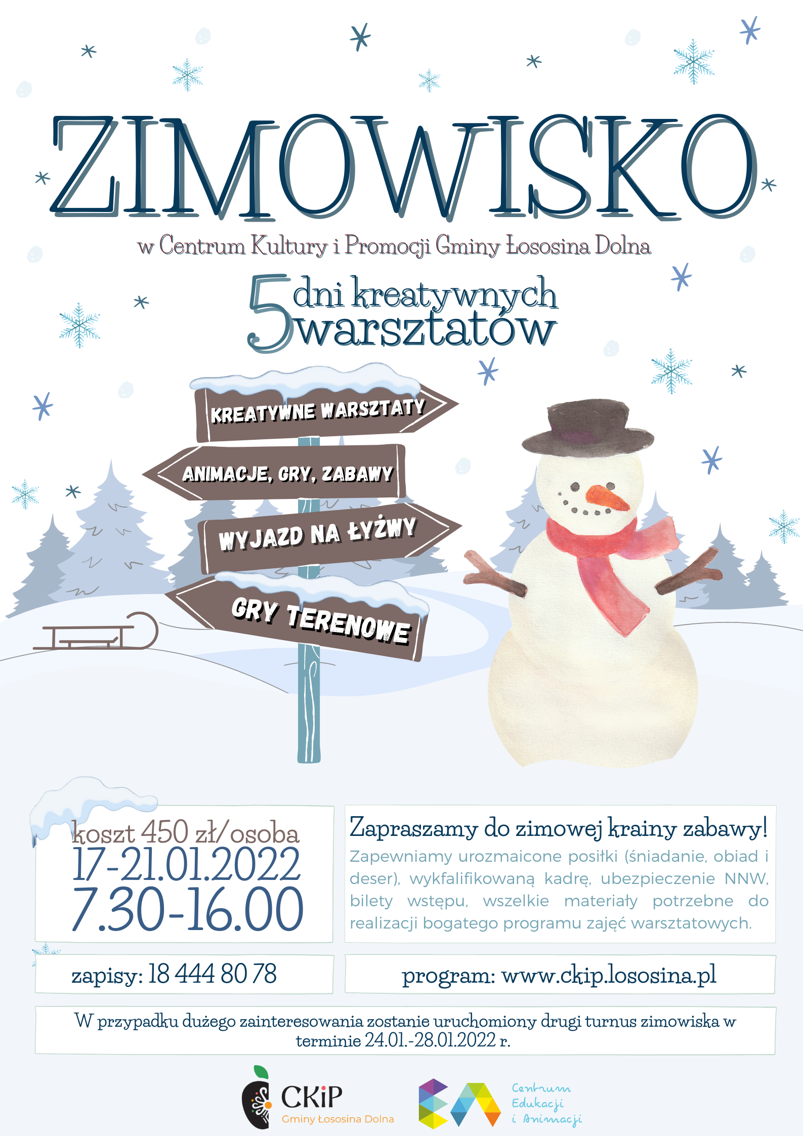 Plakat półkolonii zimowej, która odbędzie się w Centrum Kultury i Promocji Gminy Łososina Dolna podczas ferii 2022