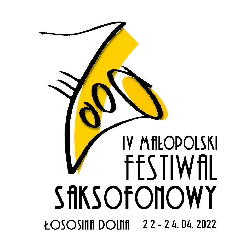 Plakat z żółtym saksofonem promujący Małopolski Festiwal Saksofonowy