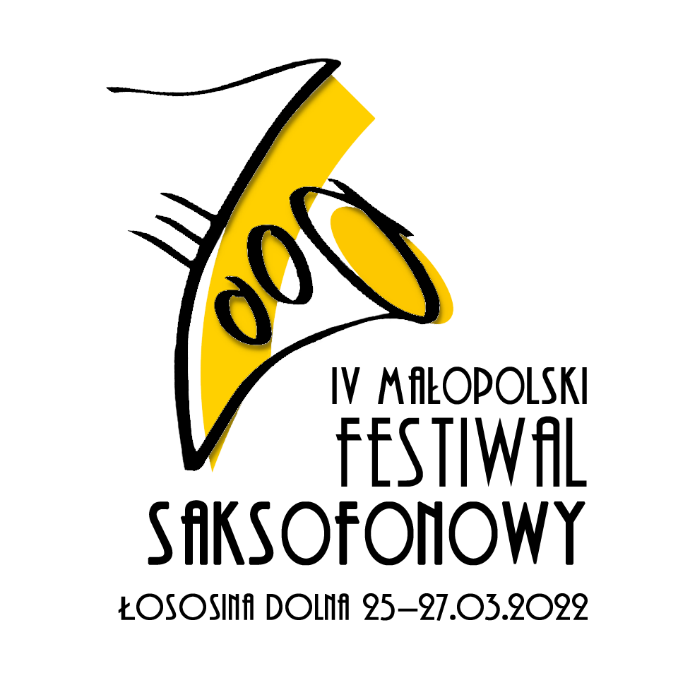 Plakat z żółtym saksofonem promujący Małopolski Festiwal Saksofonowy