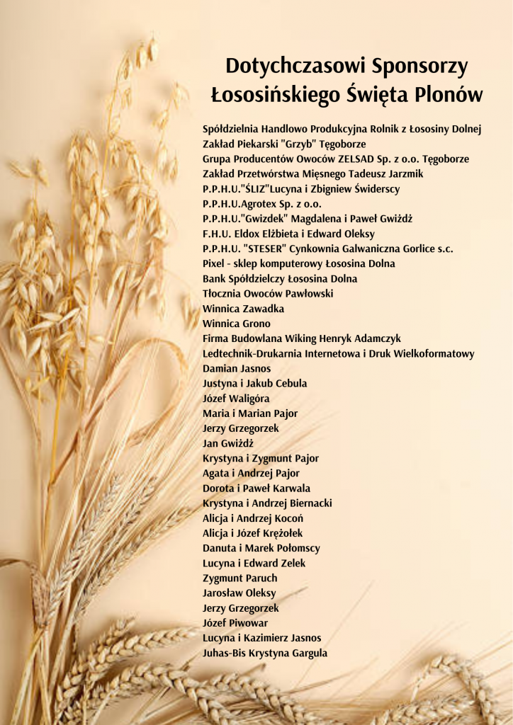Lista sponsorów łososińskiego święta plonów w tle kłosy zbóż
