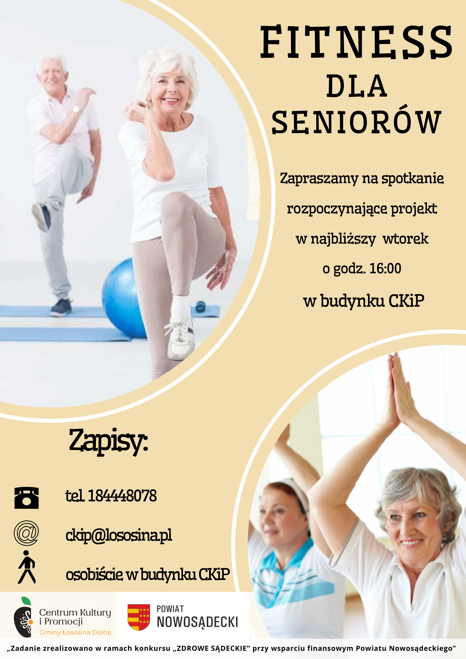 plakat promocyjny fitness dla seniorów, starsze osoby wykonujące ćwiczenia 