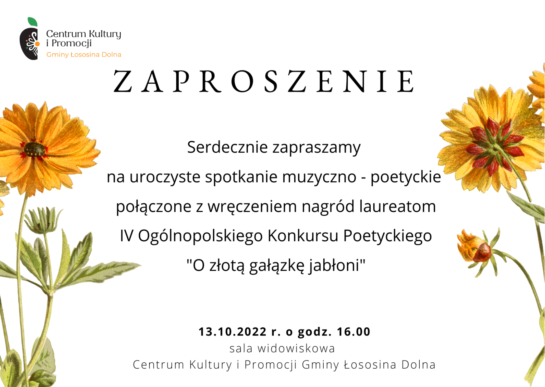 Zaproszenie na podsumowanie konkursu poetyckiego, żółte kwiaty na białym tle