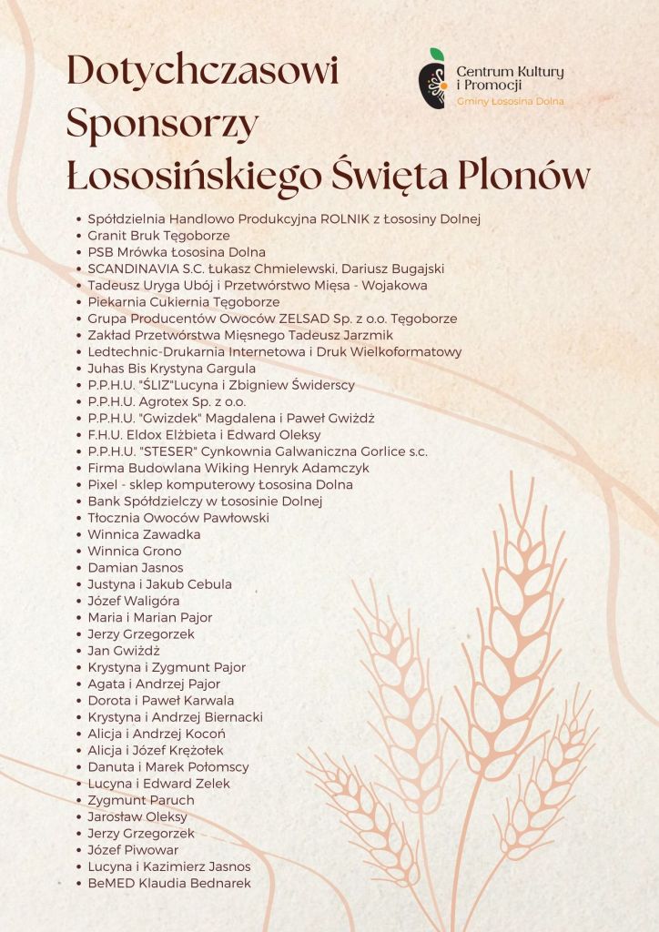 Wykaz sponsorów Łososińskiego Święta Plonów w tle logo CKIP i kłosy zbóż