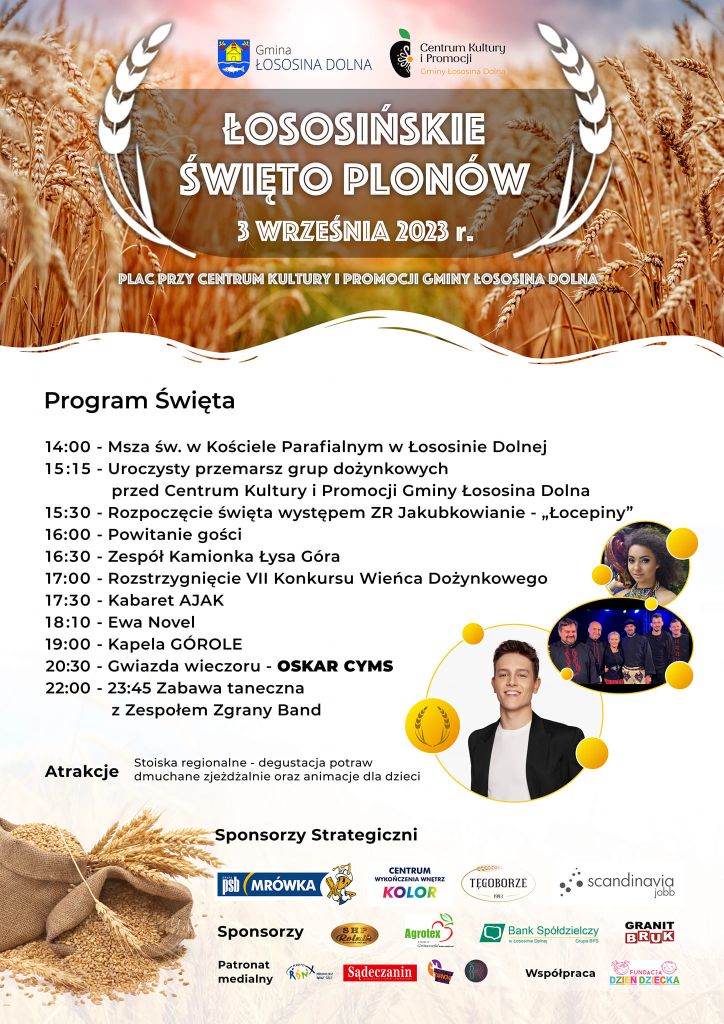 Plakat Łososińskiego Święta Plonów, na białym tle trzy zdjęcia artystów w tle złote łany zbóż.