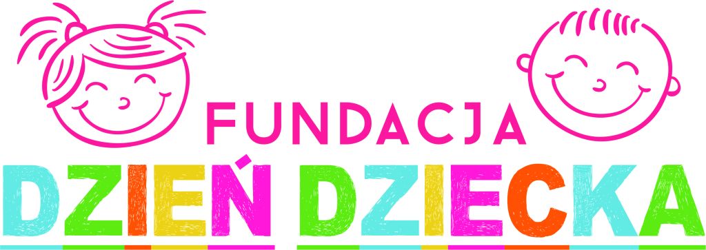 Kolorowe logo fundacji dzień dziecka, uśmiechnięte buźki dziewczynki i chłopca
