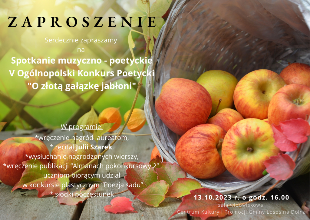 Zaproszenie na podsumowanie konkursu poetyckiego w tle kosz z jabłkami
