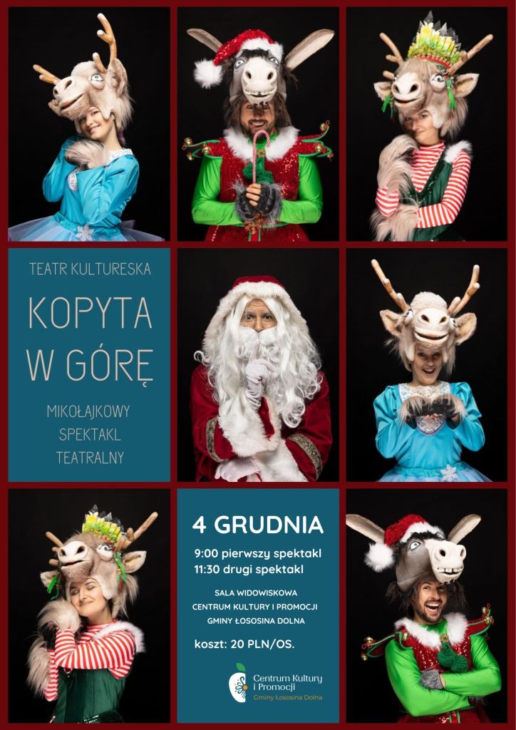 Plakat musicalu dla dzieci. W czarnych kwadratach kolorowe świąteczne postacie w kostiumach: Św. Mikołaj, renifery
