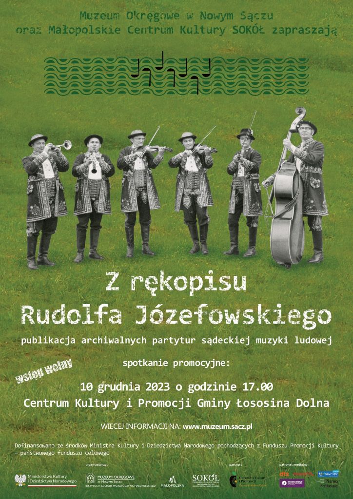 Plakat wydarzenia: na zielonym tle czarnobiałe zdjęcia sześciu muzyków lachowskich.