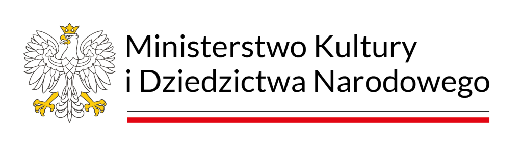 logo czarny napis, w tle godło Polski