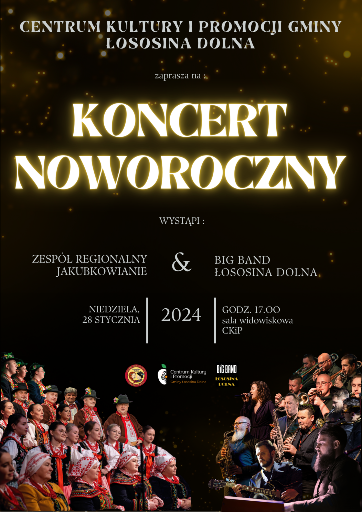 czarno złoty plakat promujący koncert, na min osoby z zespołu jakubkowianie oraz muzycy z big bandu