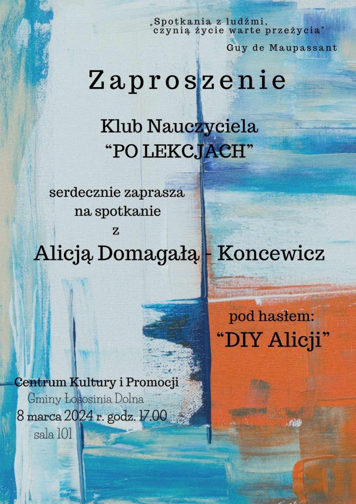 plakat zapraszający na spotkanie z Alicją Domagałą-Koncewicz