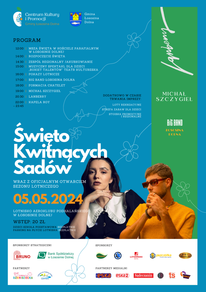 Plakat Święta Kwitnących Sadów, na niebieskim tle zdjęcie Lanberry oraz Michała Szczygła, data 05.05.2024 r. 