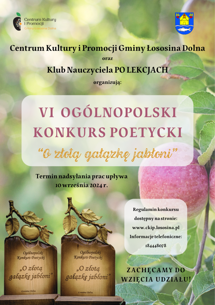 plakat promujący konkurs poetycki, zielony, jabłka, gałązka, statuetki