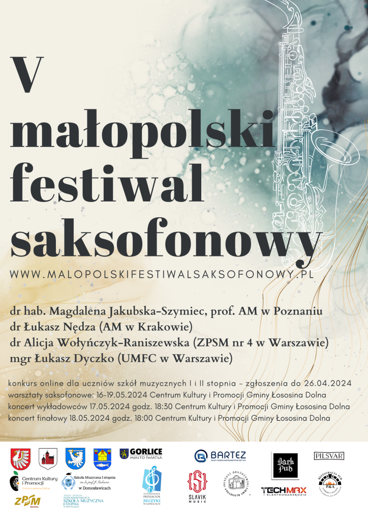 Plakat Małopolskiego Festiwalu Saksofonowego. W tle zarys saksofonu