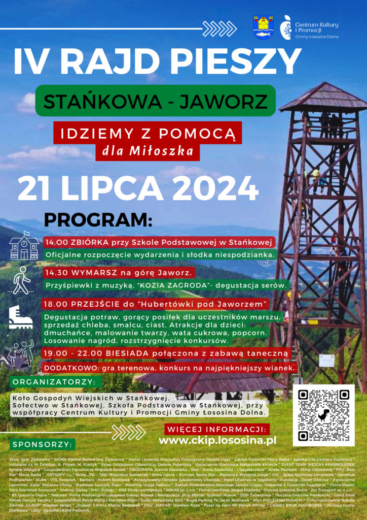 Plakat promujący wydarzenie, wieża widokowa w tle, niebo, góry, program imprezy