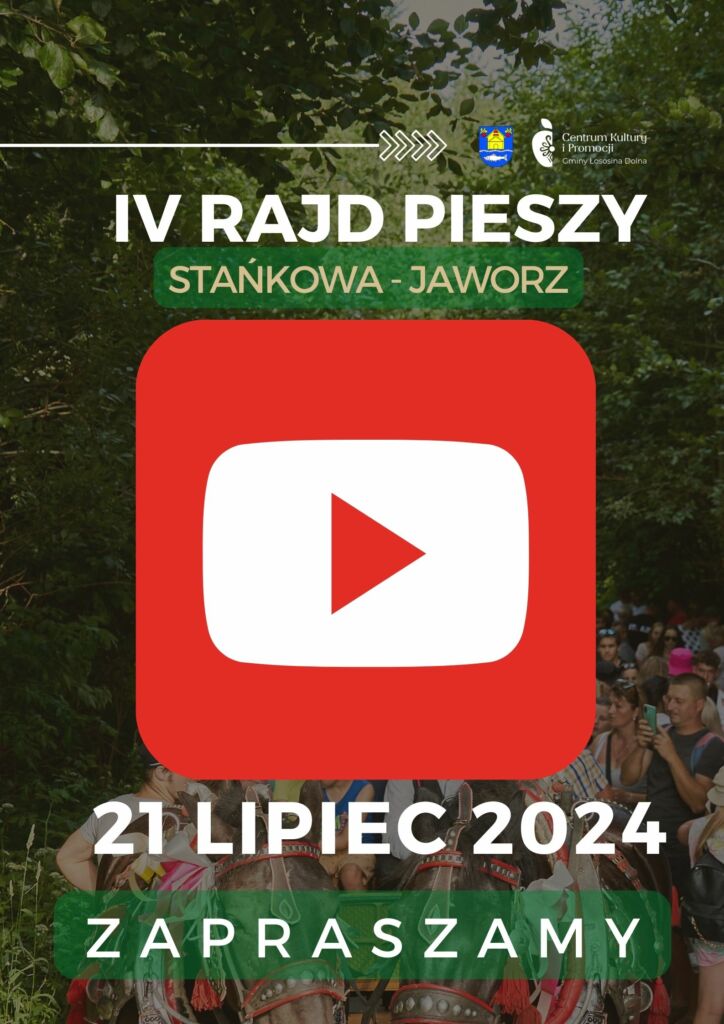 Plakat promujący rajd pieszy, las, ludzie, czerwony znaczek youtube