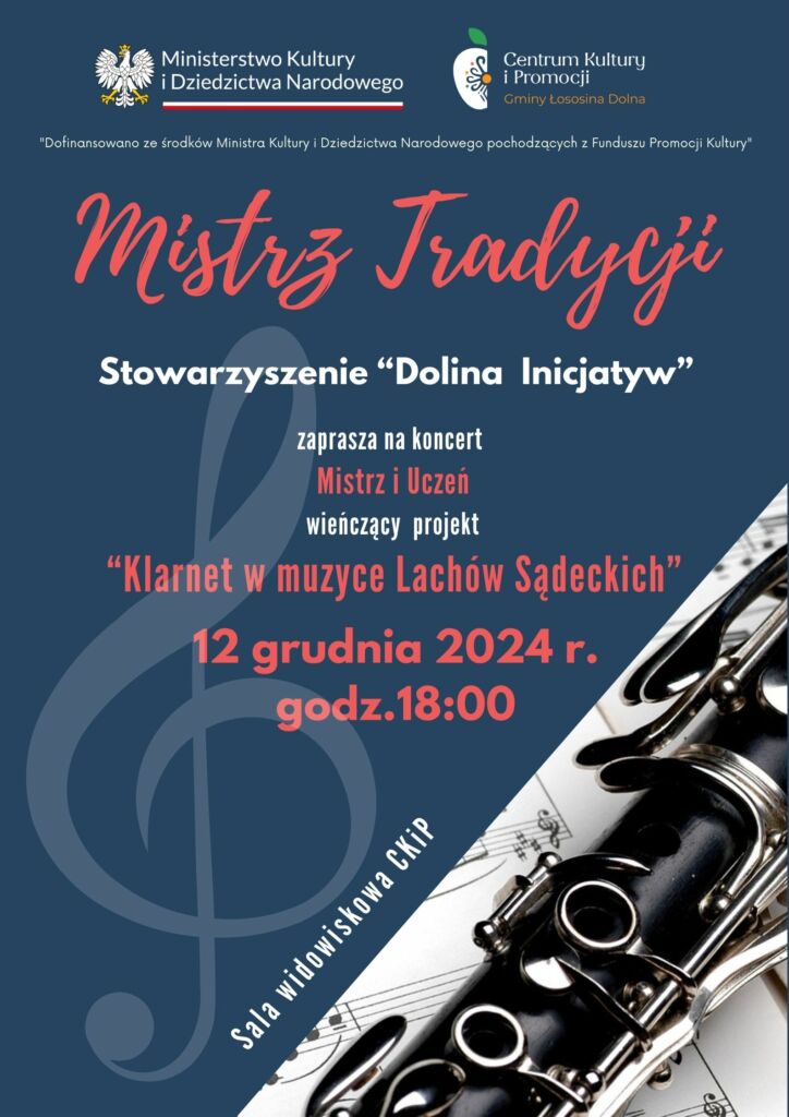 plakat promujący koncert Mistrz i Uczeń w ramach projektu Klarnet w muzyce Lachów Sądeckich