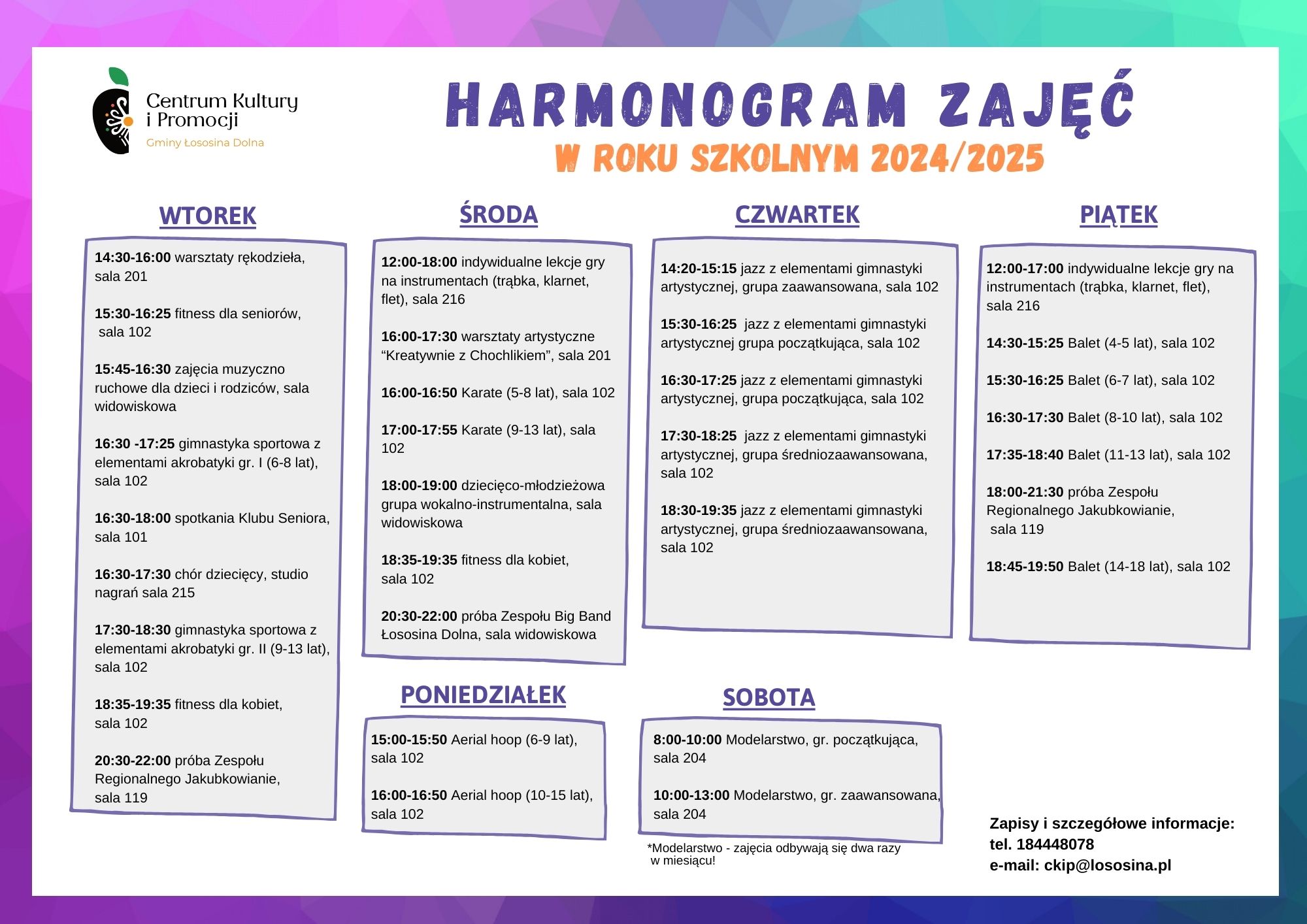 harmonogram zajęć organizowanych w Centrum Kultury i Promocji Gminy Łososina Dolna