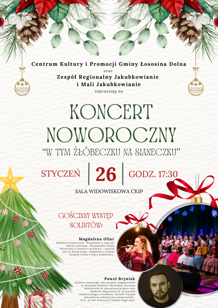 plakat promujący koncert noworoczny zespołu regionalnego jakubkowianie oraz mali jakubkowianie