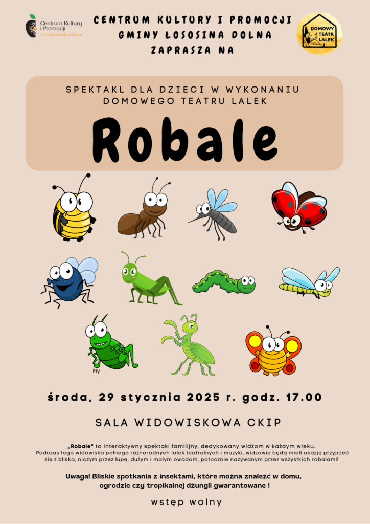 plakat promujący spektakl teatralny robale, grafiki robali, brązowe tło