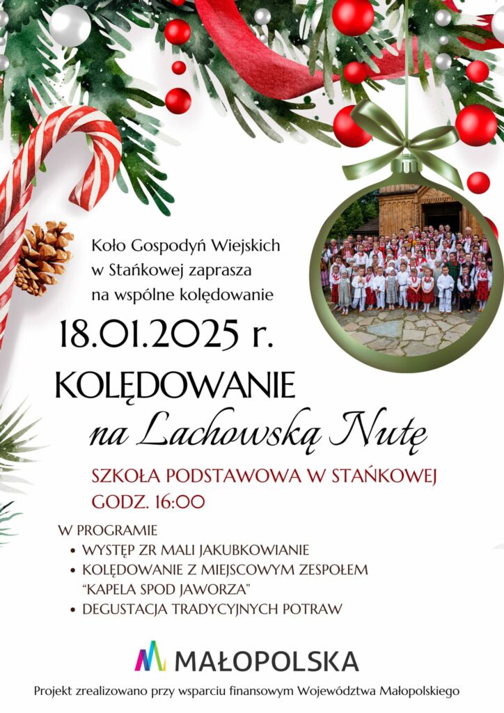 plakat promujący wspólne lachowskie kolędowanie, litery, bąbki choinkowe, choinka